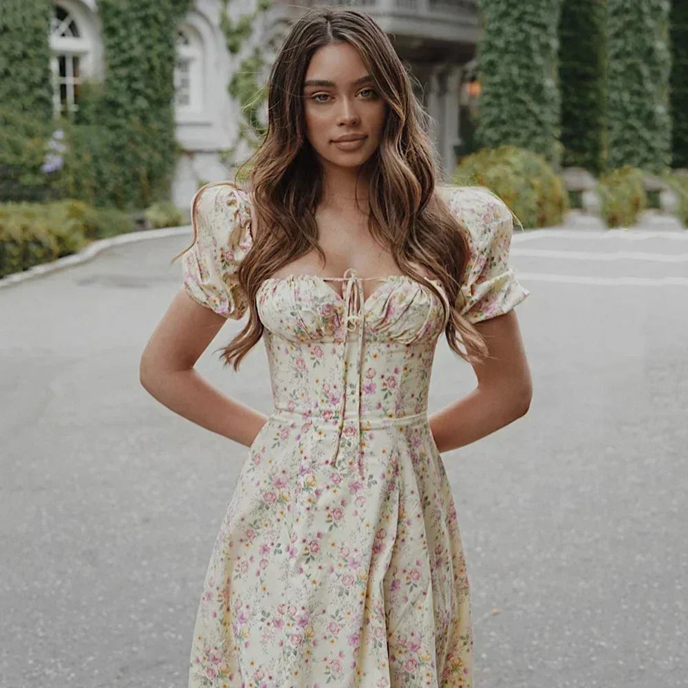 Summer Women Puff Sleeve Floral Printed Dress,Long Dresses,Woman Clothing,Dress Women,Women's Elegant Dresses,Sexy Costume Women