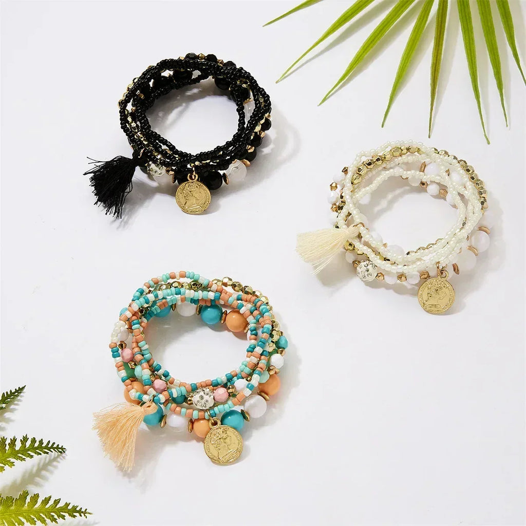 Bohemia Crystal Tassel Multicolor Beads Bracelets For Women Handmade Elastic Rope Charm Wrap Bracelet Summer Beach Party Jewelry